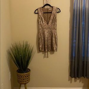 Gold Sequin V-Neck Halter Top Formal Mini Dress